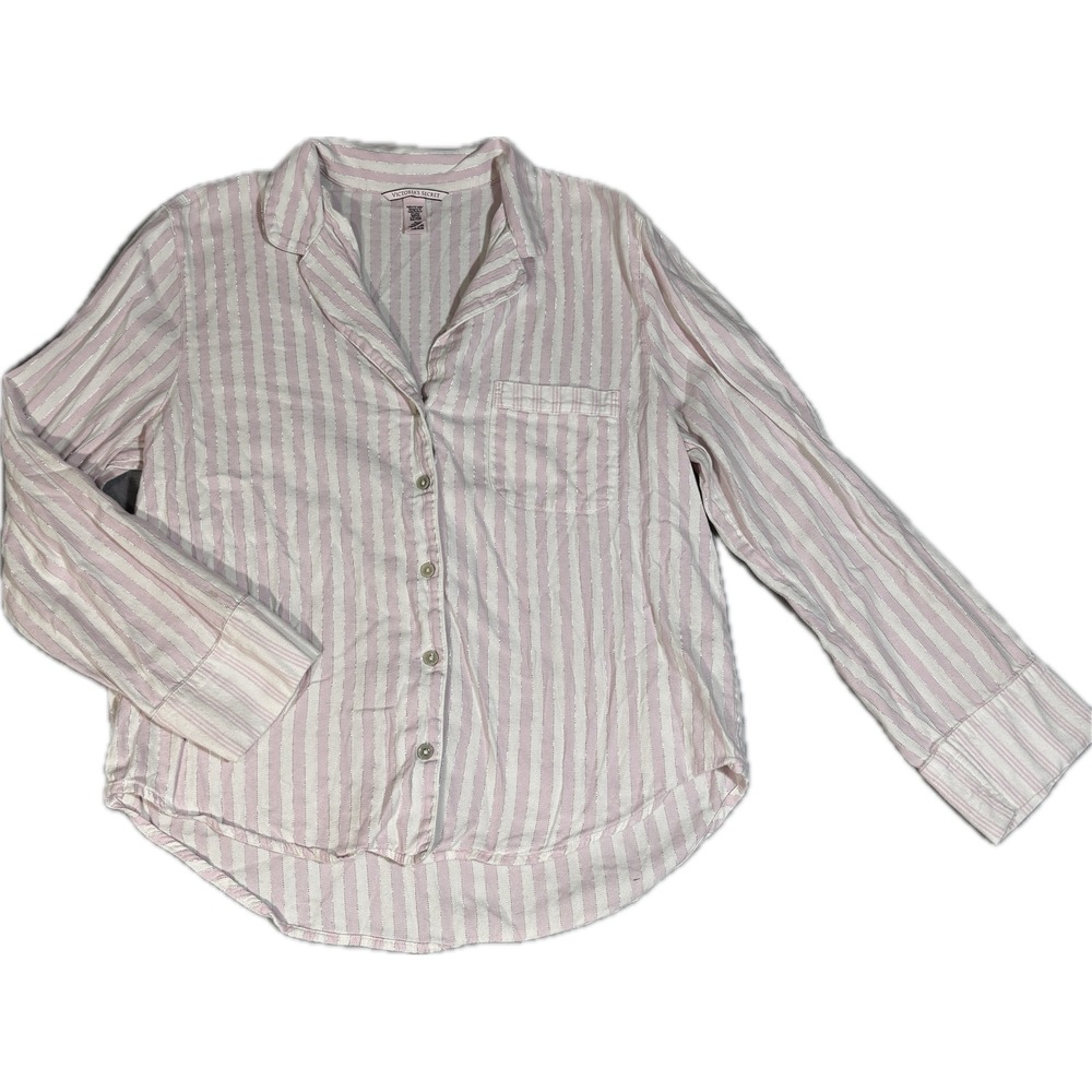 Victorias Secret Pink White Striped Shimmer Button Down Pajama Top Medium